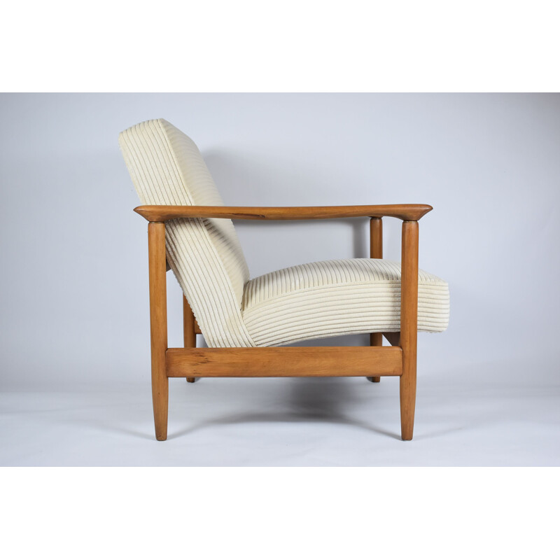 Vintage teakhouten fauteuil, crème gewaxt 1960