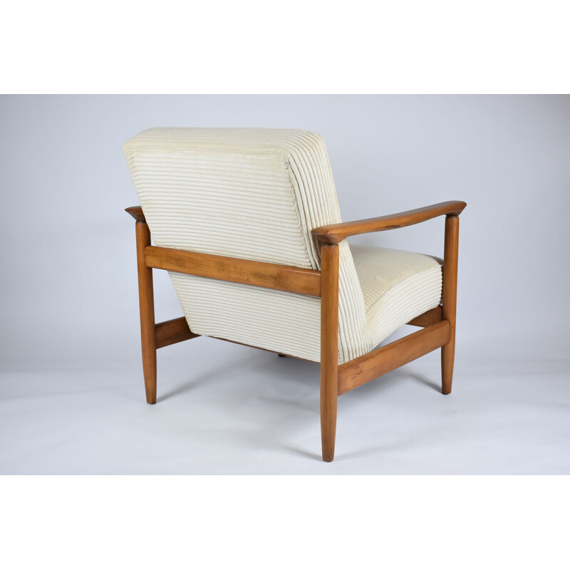 Vintage teakhouten fauteuil, crème gewaxt 1960