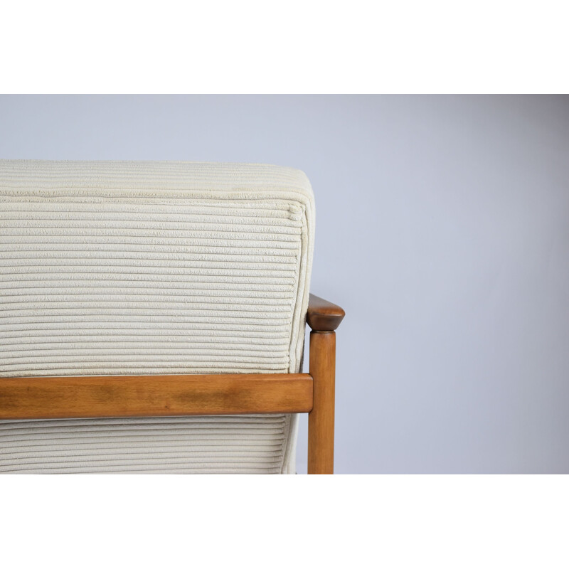 Vintage teakhouten fauteuil, crème gewaxt 1960