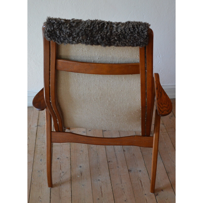 Scandinavian "Lamino" armchair in oak and sheepskin, Yngve EKSTROM - 1960s