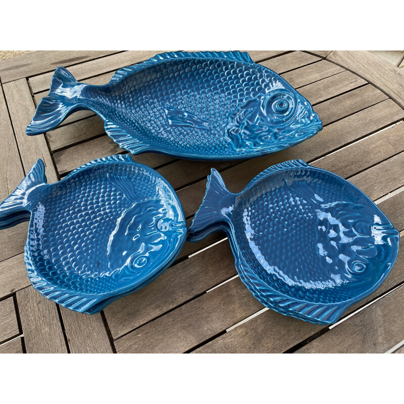 Vintage blue earthenware fish set 7 pieces 1960