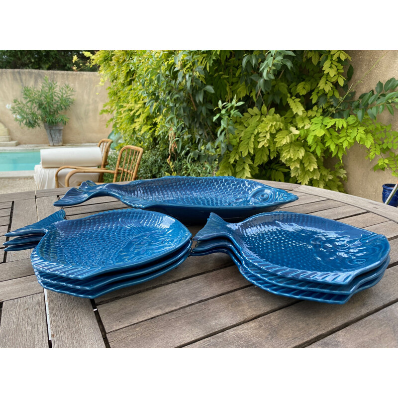Vintage blue earthenware fish set 7 pieces 1960