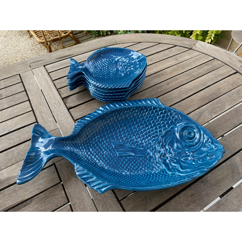 Vintage blue earthenware fish set 7 pieces 1960