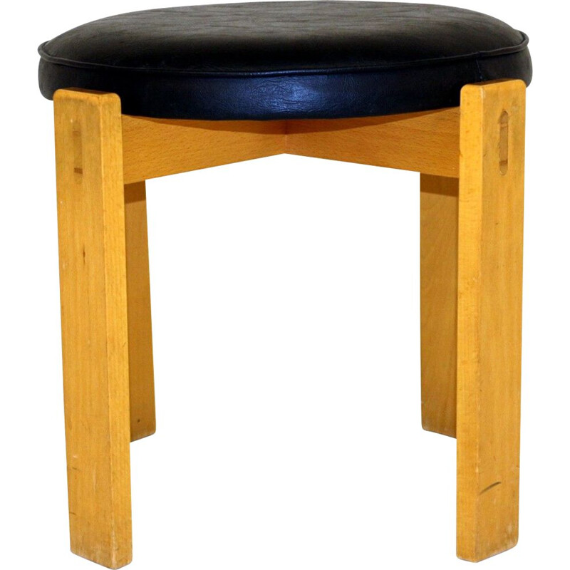 Vintage leatherette and beech stool, Sweden 1950