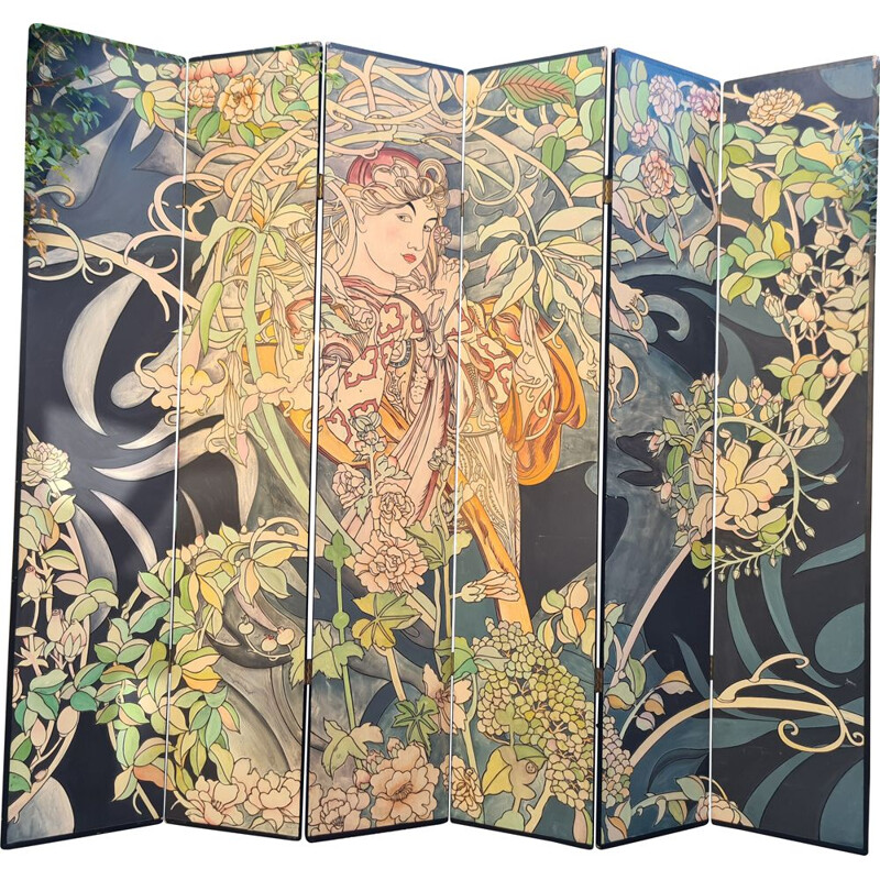 Vintage painted and engraved folding screen Coromandel