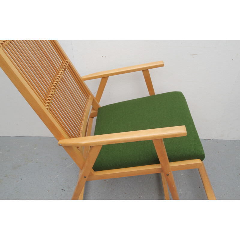 Rocking chair in green fabric and bamboo - 1950s