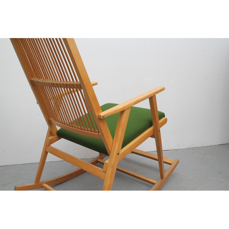 Rocking chair in green fabric and bamboo - 1950s