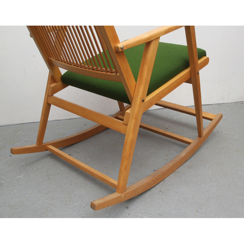 Rocking chair in green fabric and bamboo - 1950s