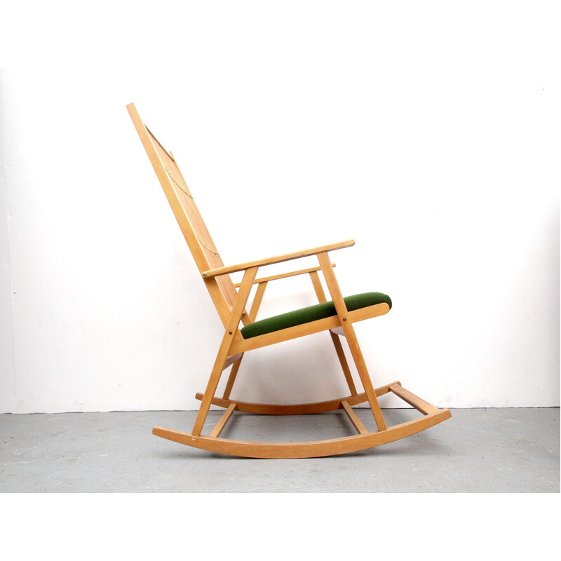 Rocking chair in green fabric and bamboo - 1950s