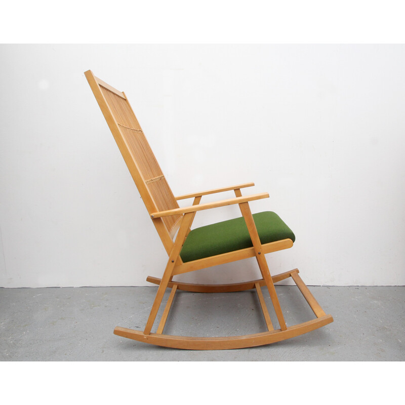 Rocking chair in green fabric and bamboo - 1950s