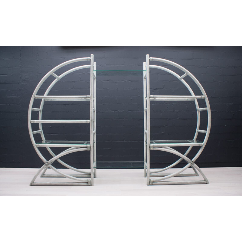 Pair of vintage adjustable and versatile round rattan shelves, 1970