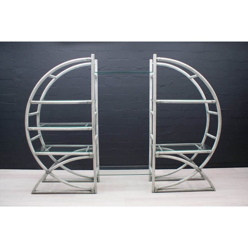 Pair of vintage adjustable and versatile round rattan shelves, 1970