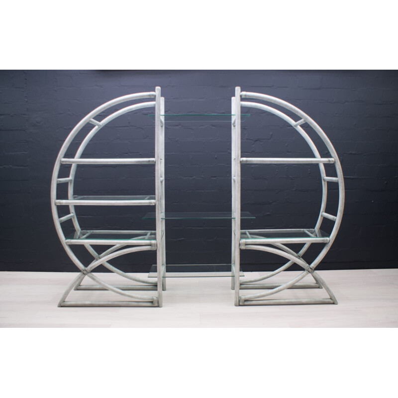 Pair of vintage adjustable and versatile round rattan shelves, 1970