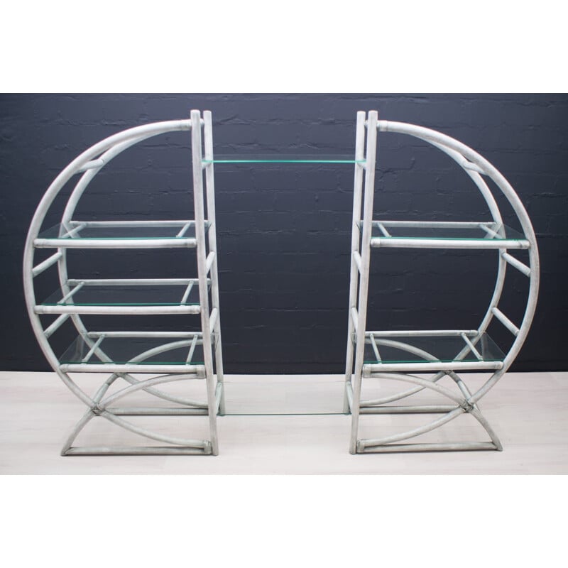 Pair of vintage adjustable and versatile round rattan shelves, 1970