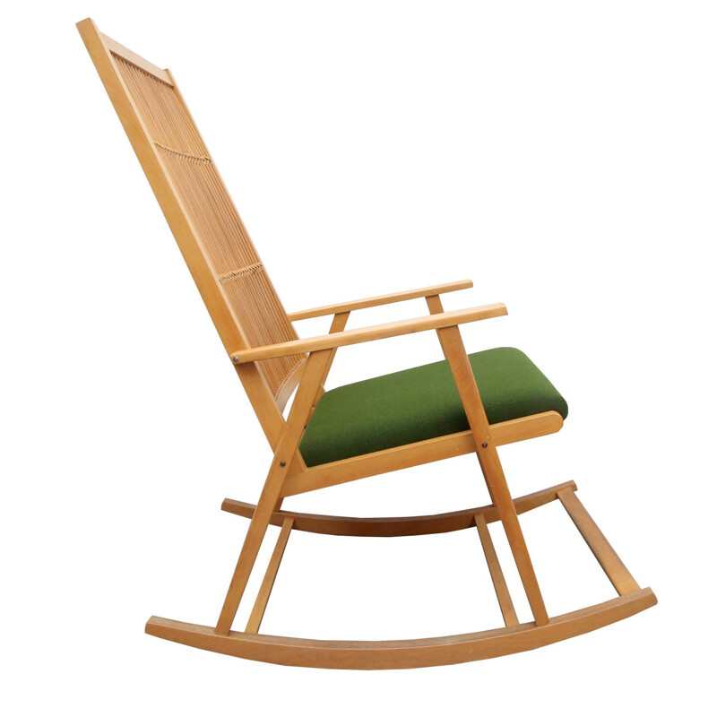 Chaise à bascule en tissu vert et bambou - 1950