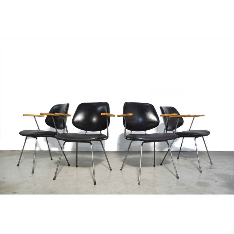 Set of 4 mid-century vintage industrial dining chairs by Wim Rietveld for Kembo, Netherlands 1950s