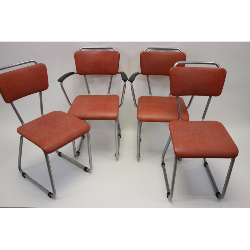 Set of 4 vintage tubular frame dining room chairs model 114 and 214 Gispen