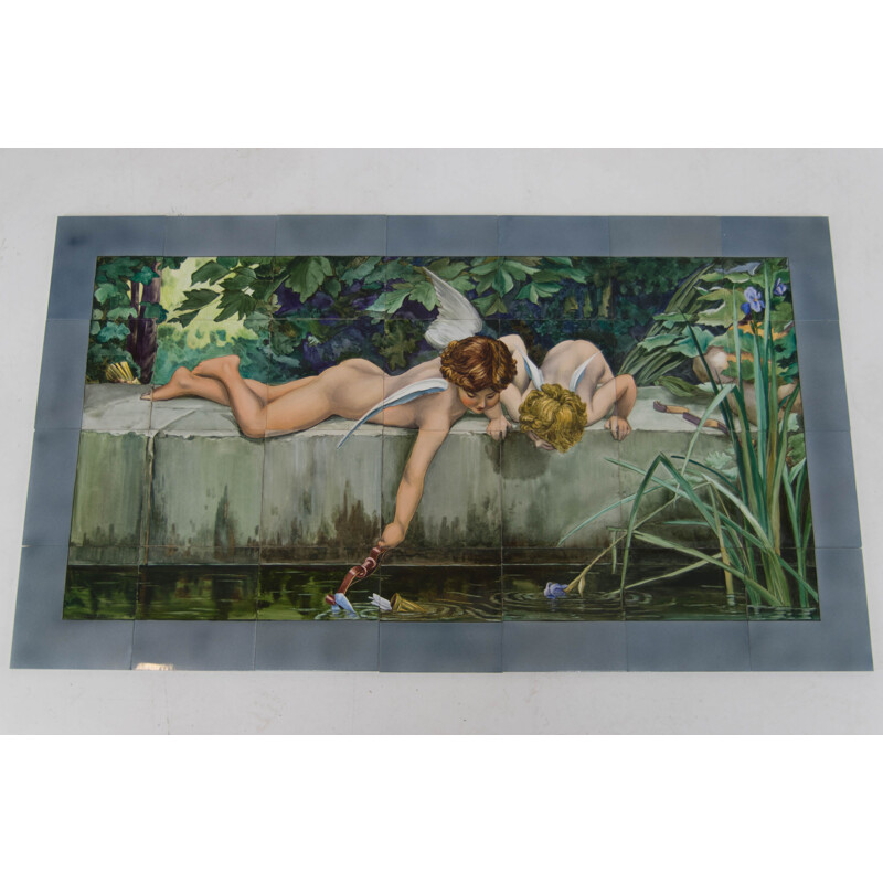 Vintage Painting on Ceramic Tiles by Severin Kramolis Art Deco 1920s