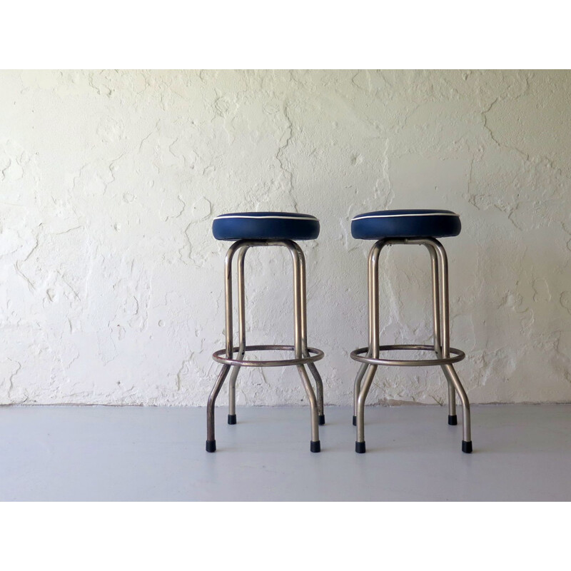 Pair of vintage blue metal and imitation leather stools 1950s