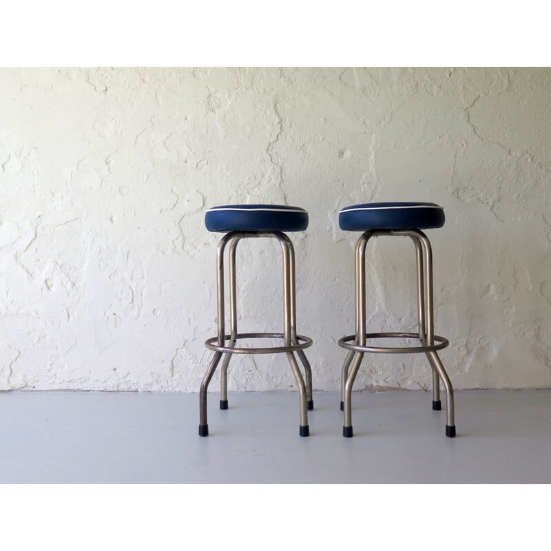 Pair of vintage blue metal and imitation leather stools 1950s