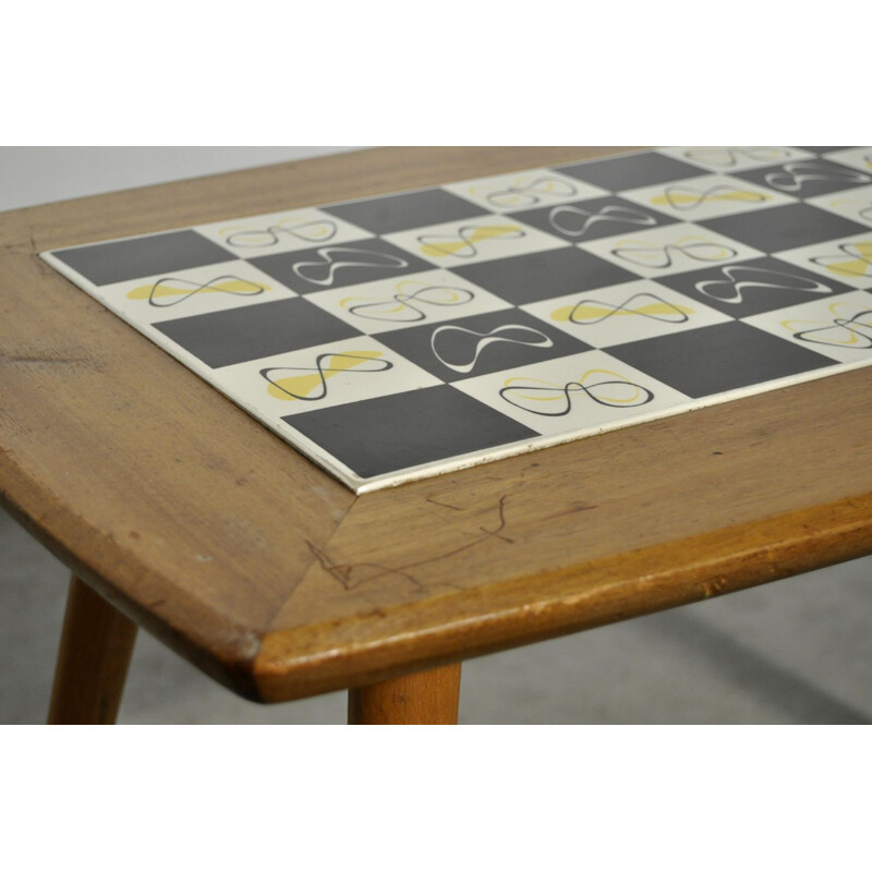 Mid-century wooden side table with inlaid tiles, Switzerland 1960s