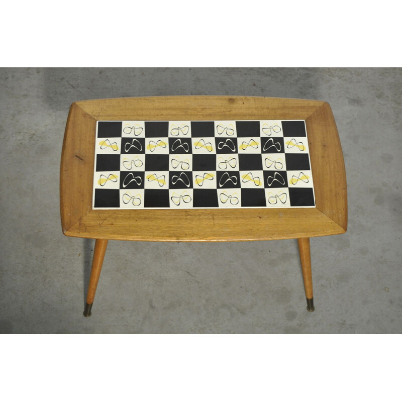 Mid-century wooden side table with inlaid tiles, Switzerland 1960s
