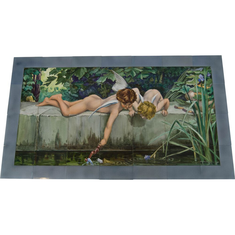 Vintage Painting on Ceramic Tiles by Severin Kramolis Art Deco 1920s