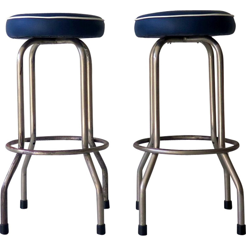 Pair of vintage blue metal and imitation leather stools 1950s