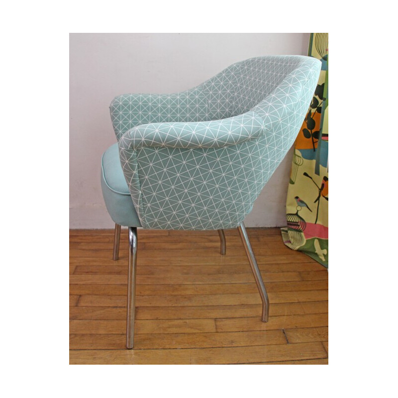 Fauteuil vintage vert amande aux motifs graphiques - 1970