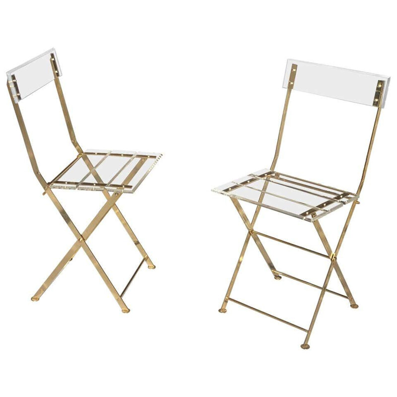Pair of vintage Plexiglas and Brass chairs by Yonel Lebovici, 1970