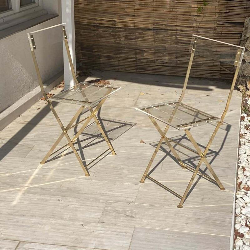 Pair of vintage Plexiglas and Brass chairs by Yonel Lebovici, 1970