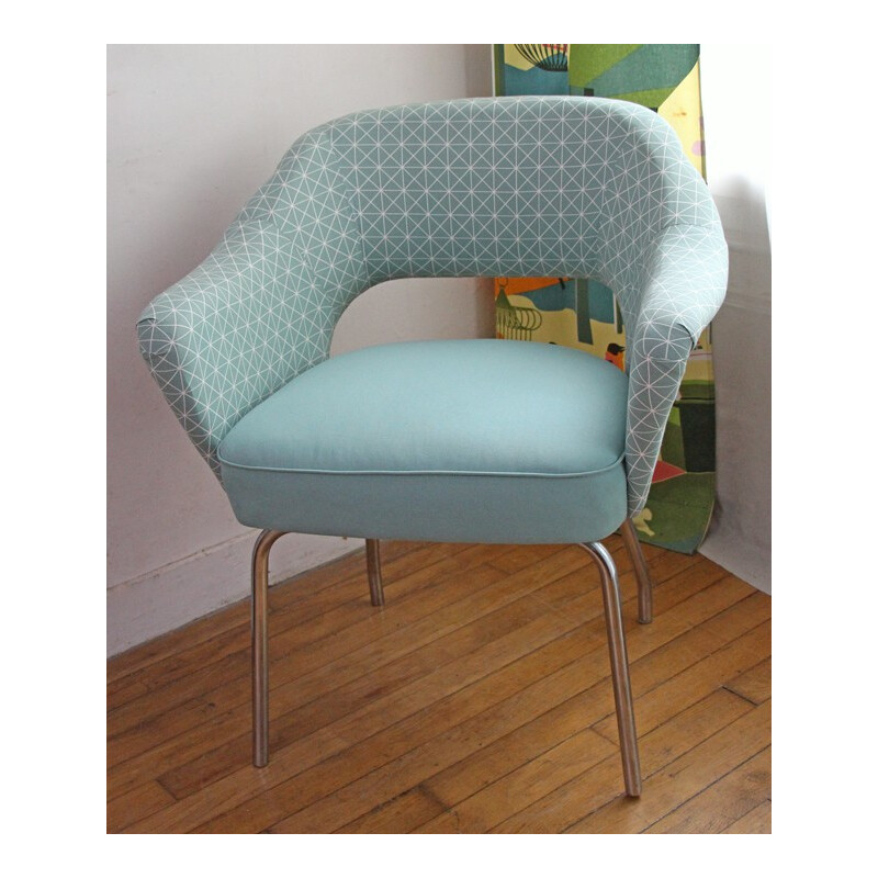 Fauteuil vintage vert amande aux motifs graphiques - 1970