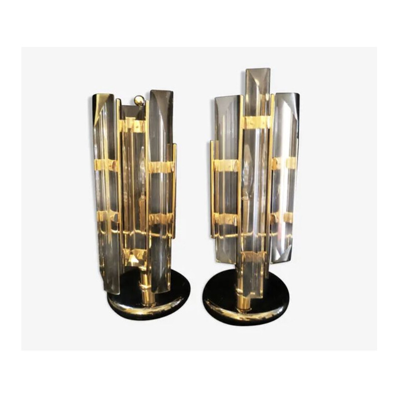 Pair of vintage crystal and gold Venini lamps 1980