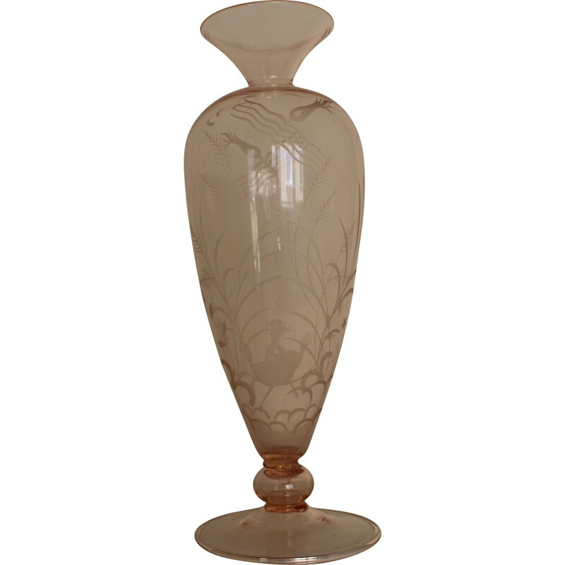 Vase Vintage Art Déco en verre de Murano soufflé et gravé 