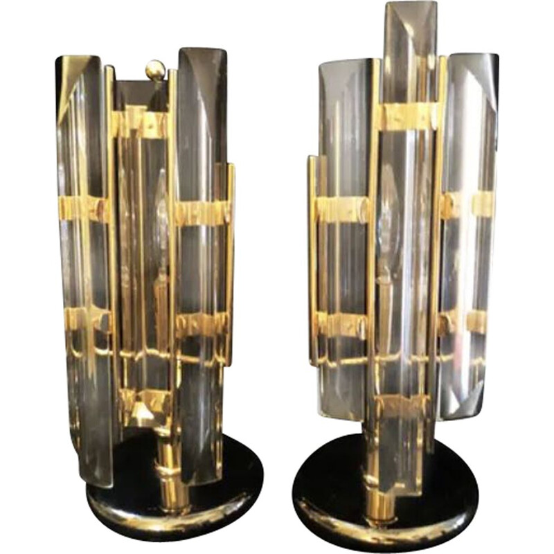 Pair of vintage crystal and gold Venini lamps 1980