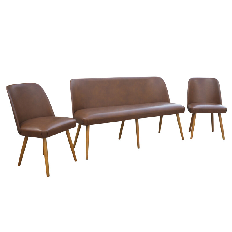 Vintage cocktail bench cocktail chairs in brown Skai leatherette 1950s