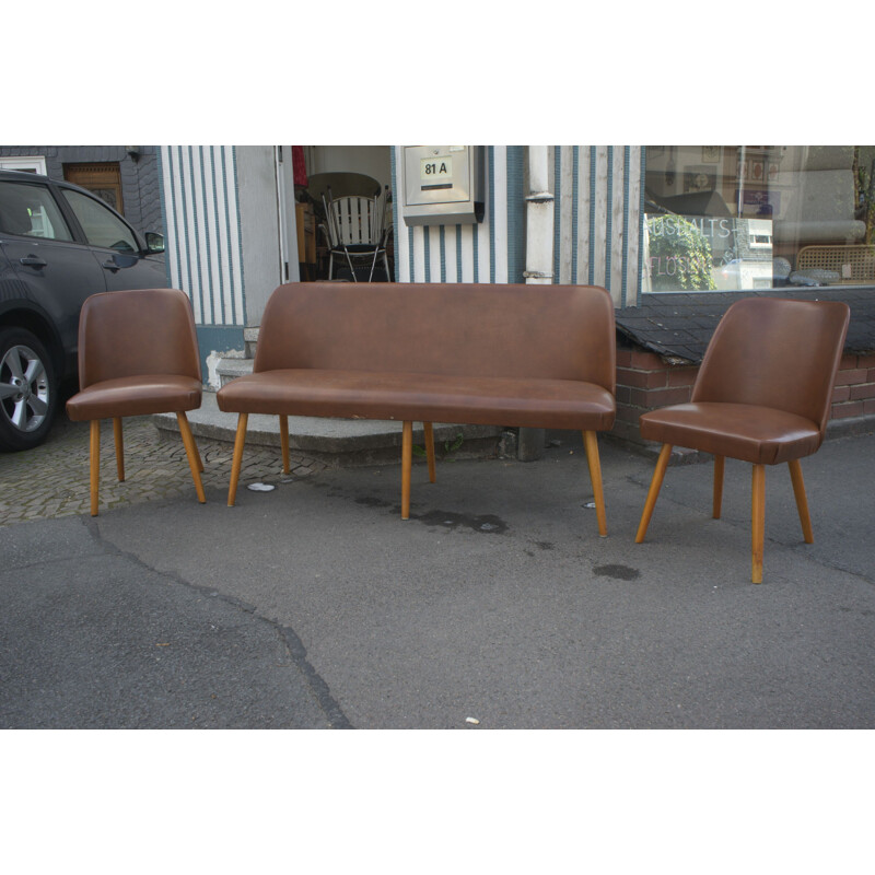 Vintage cocktail bench cocktail chairs in brown Skai leatherette 1950s