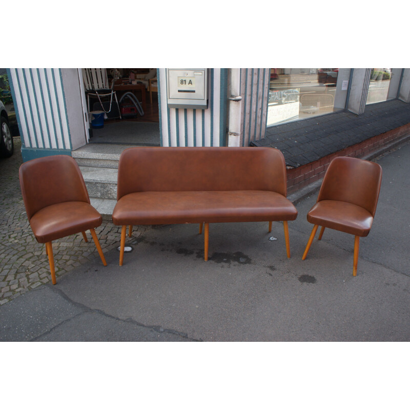 Vintage cocktail bench cocktail chairs in brown Skai leatherette 1950s