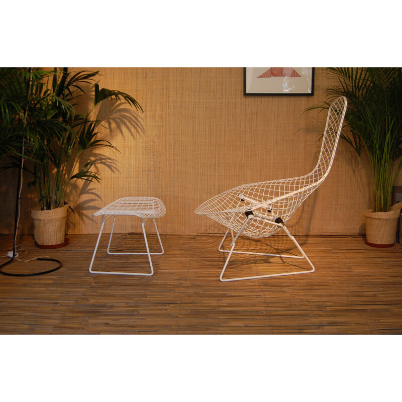 Mid-century white Knoll "Bird" armchair with ottoman, H. BERTOIA - 1950s