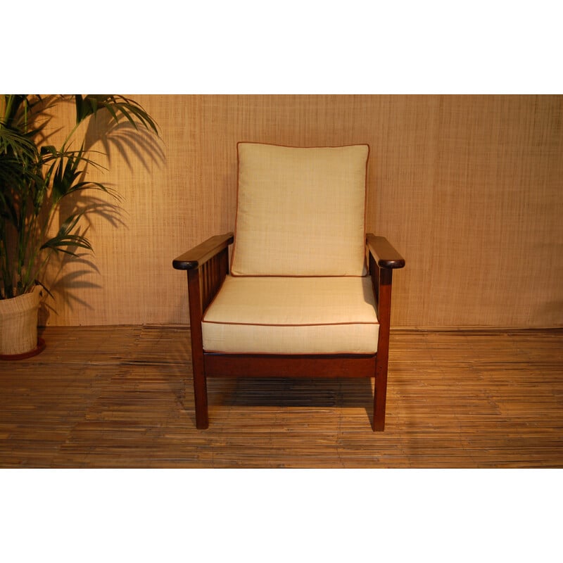 Fauteuil colonial vintage en raffia et teck massif - 1950