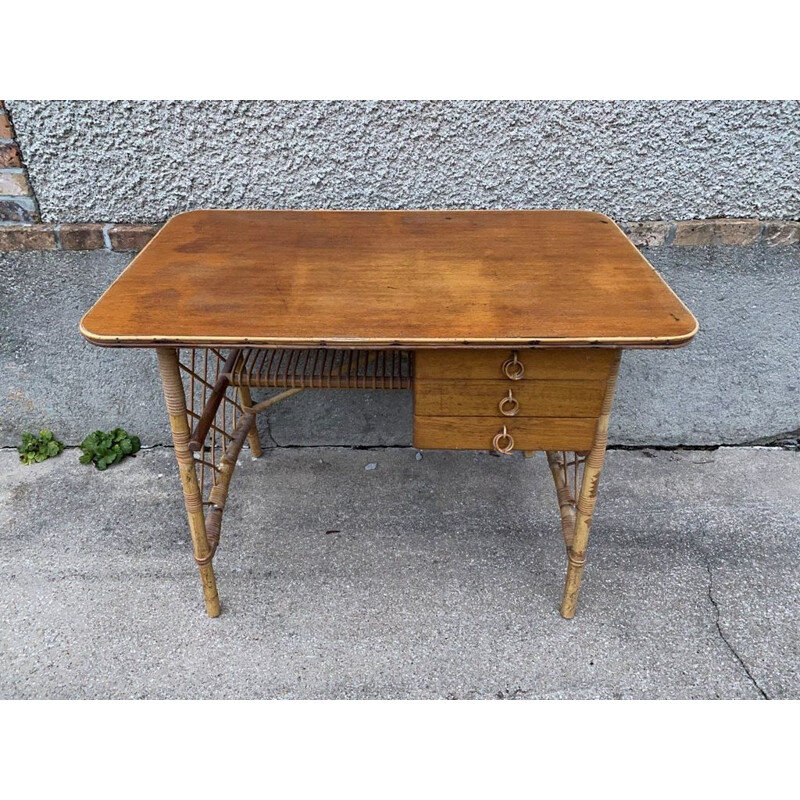 Vintage desk with 3 drawers in rattan by Louis Sognot 1960