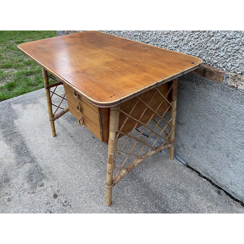 Vintage desk with 3 drawers in rattan by Louis Sognot 1960