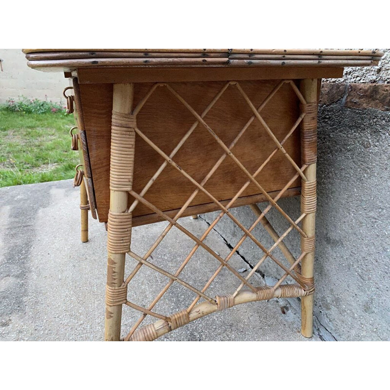 Vintage desk with 3 drawers in rattan by Louis Sognot 1960