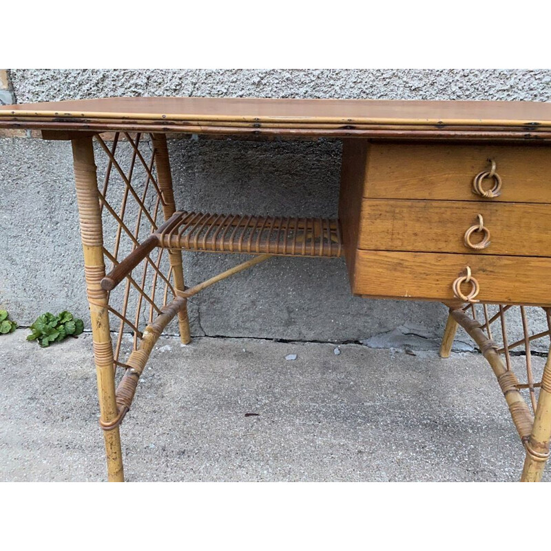 Vintage desk with 3 drawers in rattan by Louis Sognot 1960