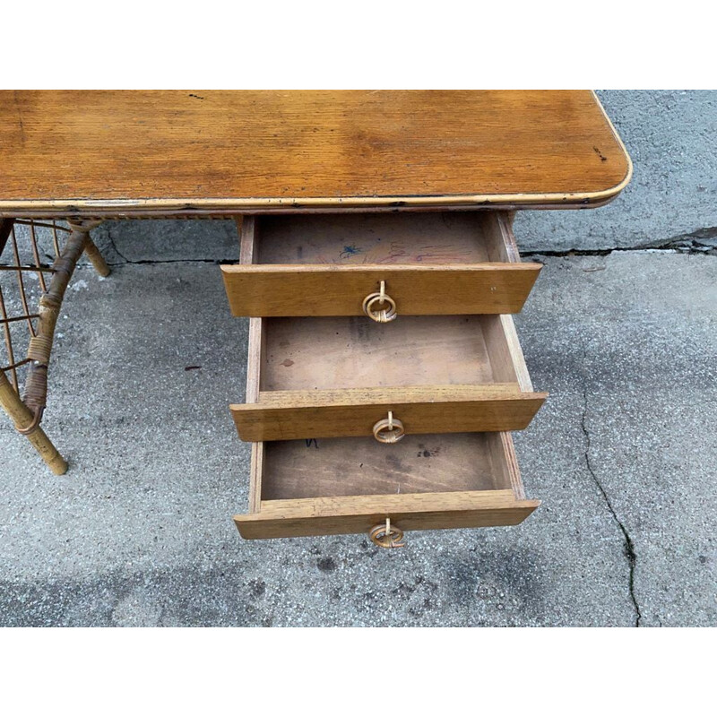 Vintage desk with 3 drawers in rattan by Louis Sognot 1960