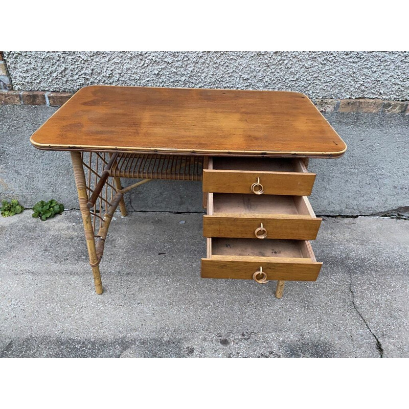 Vintage desk with 3 drawers in rattan by Louis Sognot 1960