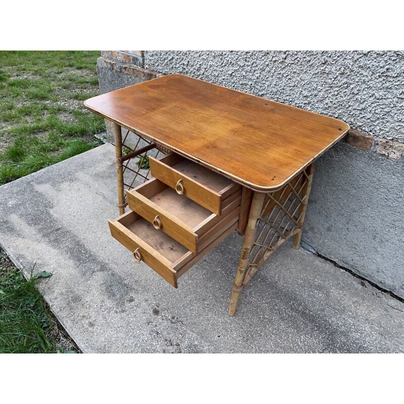 Bureau vintage avec 3 tiroirs en rotin de Louis Sognot 1960