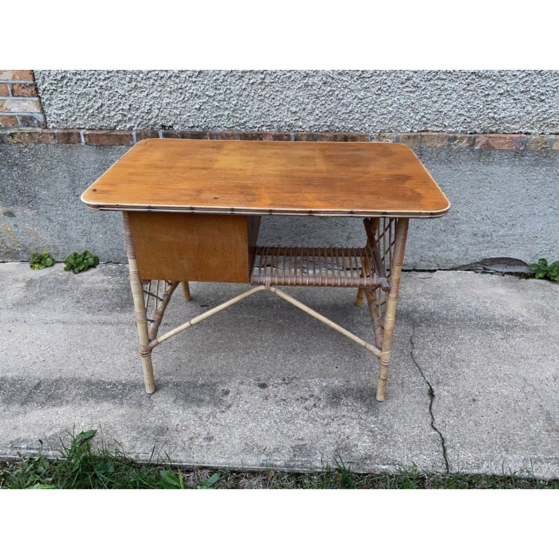 Vintage desk with 3 drawers in rattan by Louis Sognot 1960