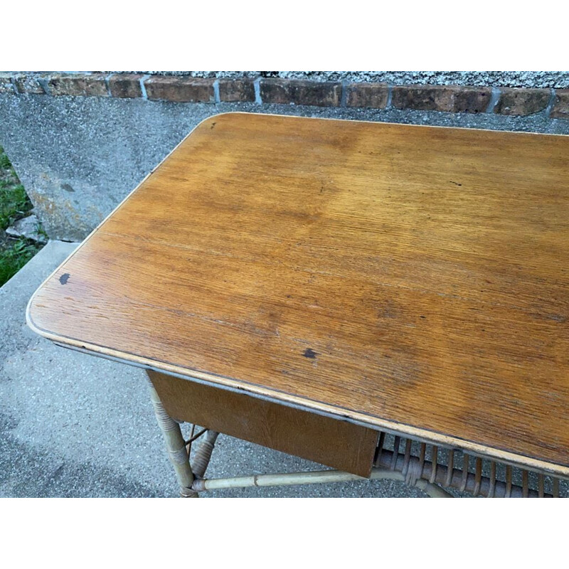 Vintage desk with 3 drawers in rattan by Louis Sognot 1960