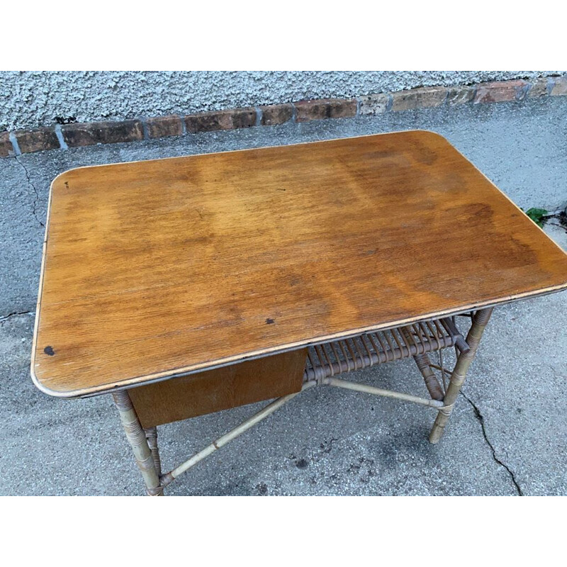 Vintage desk with 3 drawers in rattan by Louis Sognot 1960